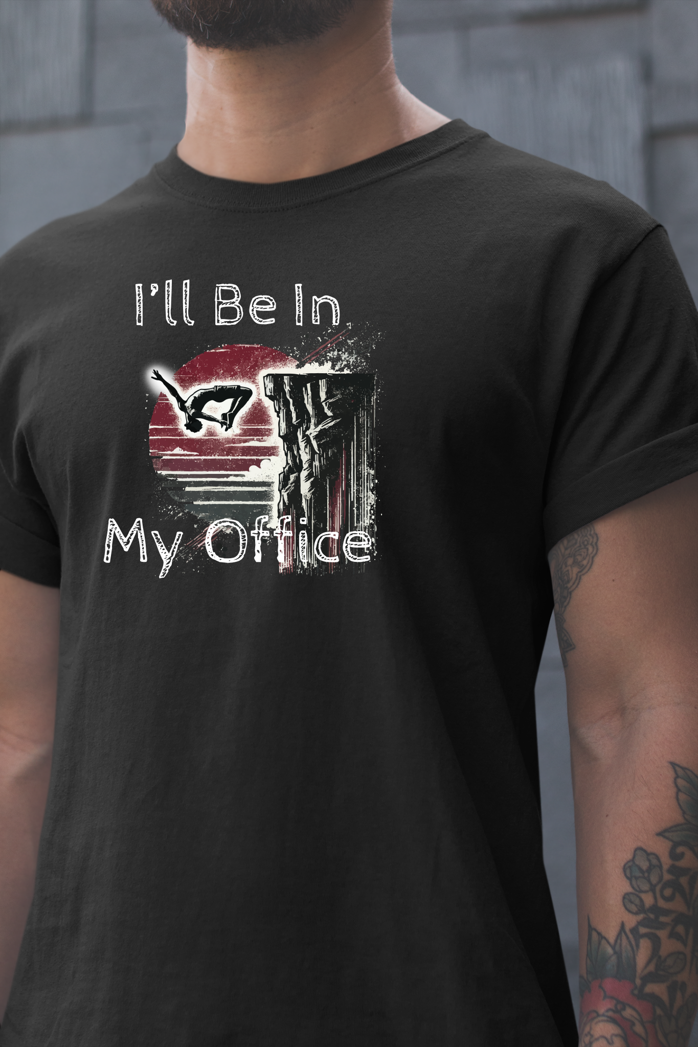 Distressed Grunge Style "Ill Be In My Office" Cliff Jumping T-Shirt | Funny Shirt for Outdoor Enthusiast and Adventure Seekers