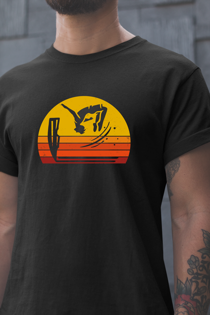 Retro Sunset Cliff Jumping T-Shirt - Outdoorsy Distressed Vintage Sunset Silhouette Adventure Shirt