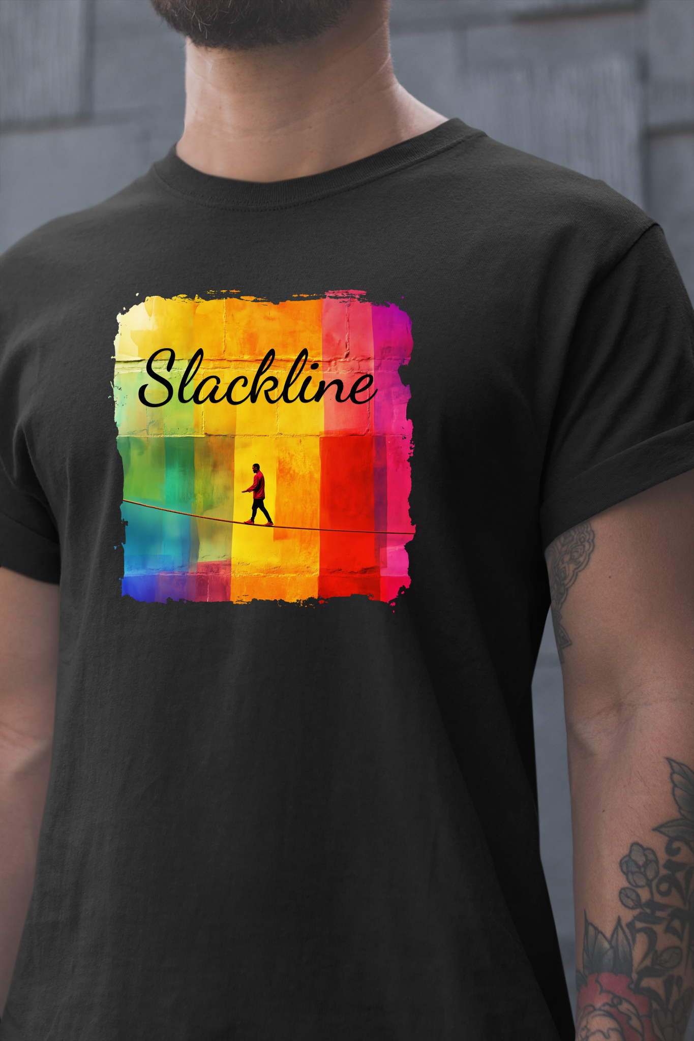 "Slackline" Colorful Abstract Slackline T-shirt | Slackline Shirt - Rainbow Cubic Splatter Paint Design