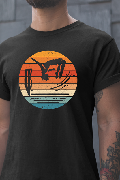 Retro Sunset Cliff Jumping T-Shirt - Outdoorsy Distressed Vintage Sunset Silhouette Adventure Shirt