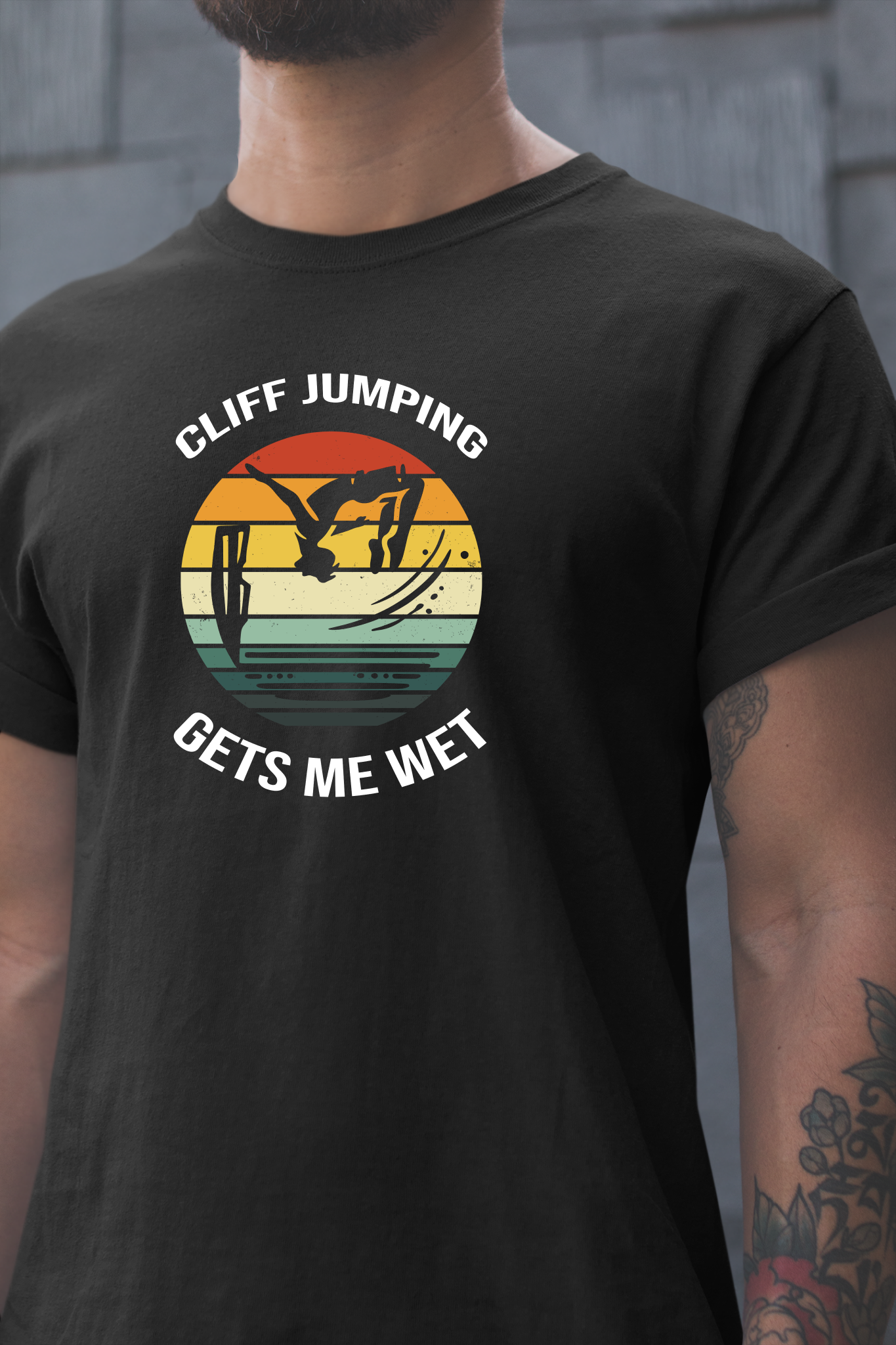 "Cliff Jumping Gets Me Wet" Shirt | Funny Cliff Jumping T-Shirt for Outdoorsy Adventurers - Retro Vintage Sunset Design