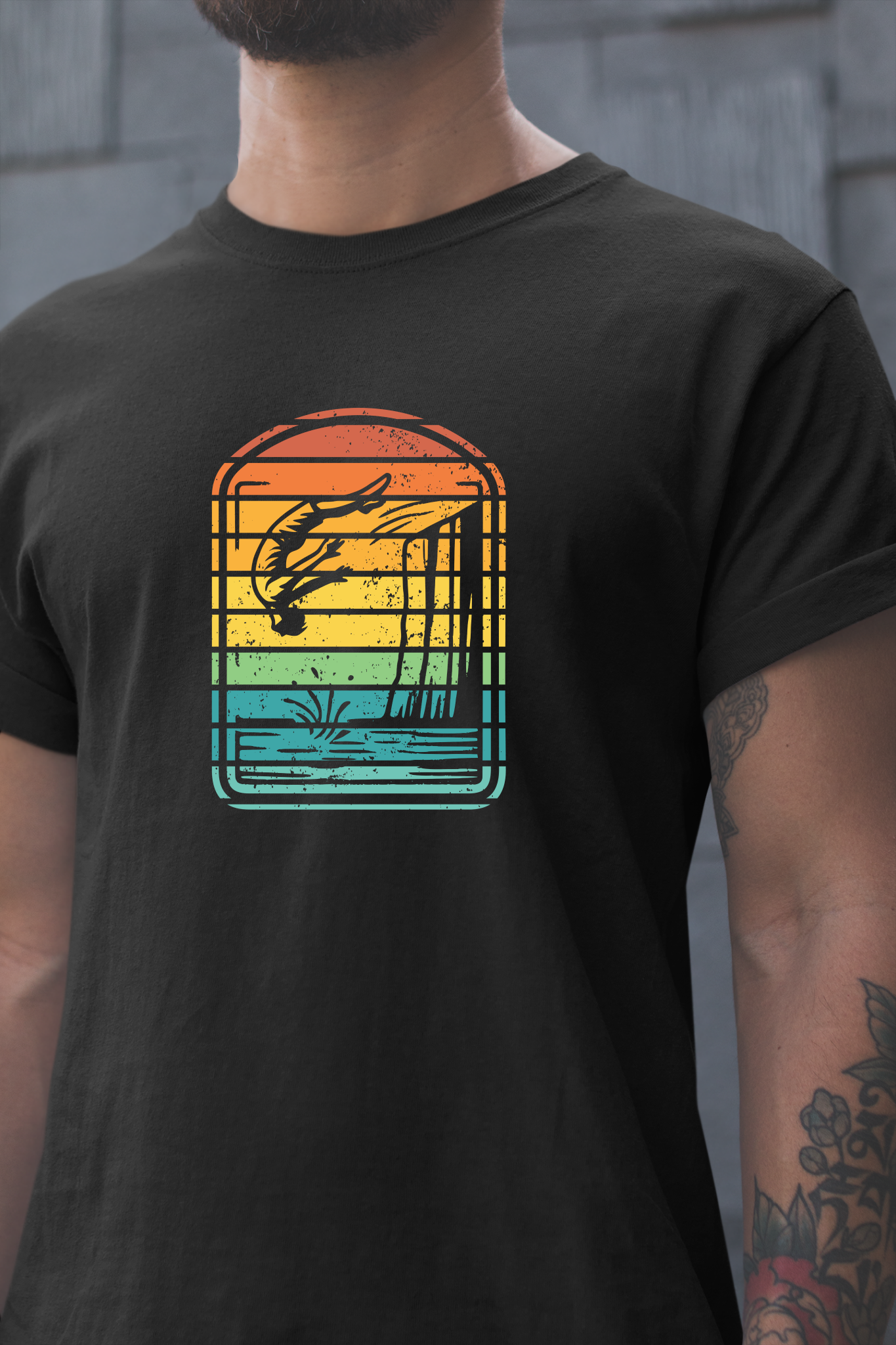 Retro Rainbow Cliff Jumping Silhouette T-Shirt - Outdoorsy Vintage Adventure Shirt