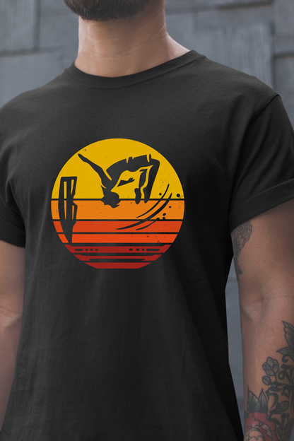 Retro Sunset Cliff Jumping T-Shirt - Outdoorsy Distressed Vintage Sunset Silhouette Adventure Shirt