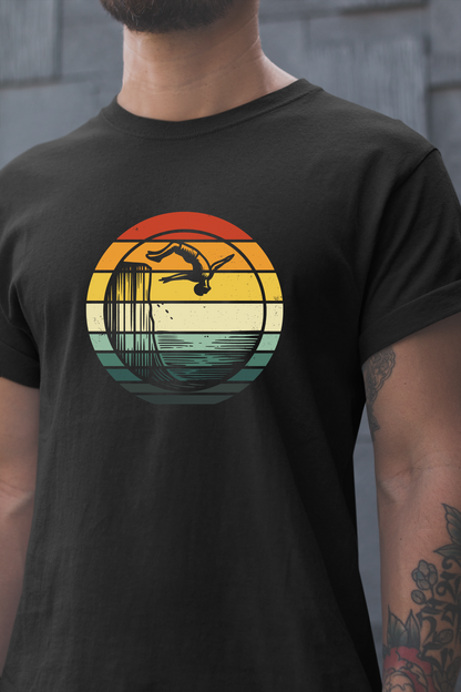 Retro Sunset Cliff Jumping T-Shirt - Outdoorsy Distressed Vintage Sunset Silhouette Adventure Shirt