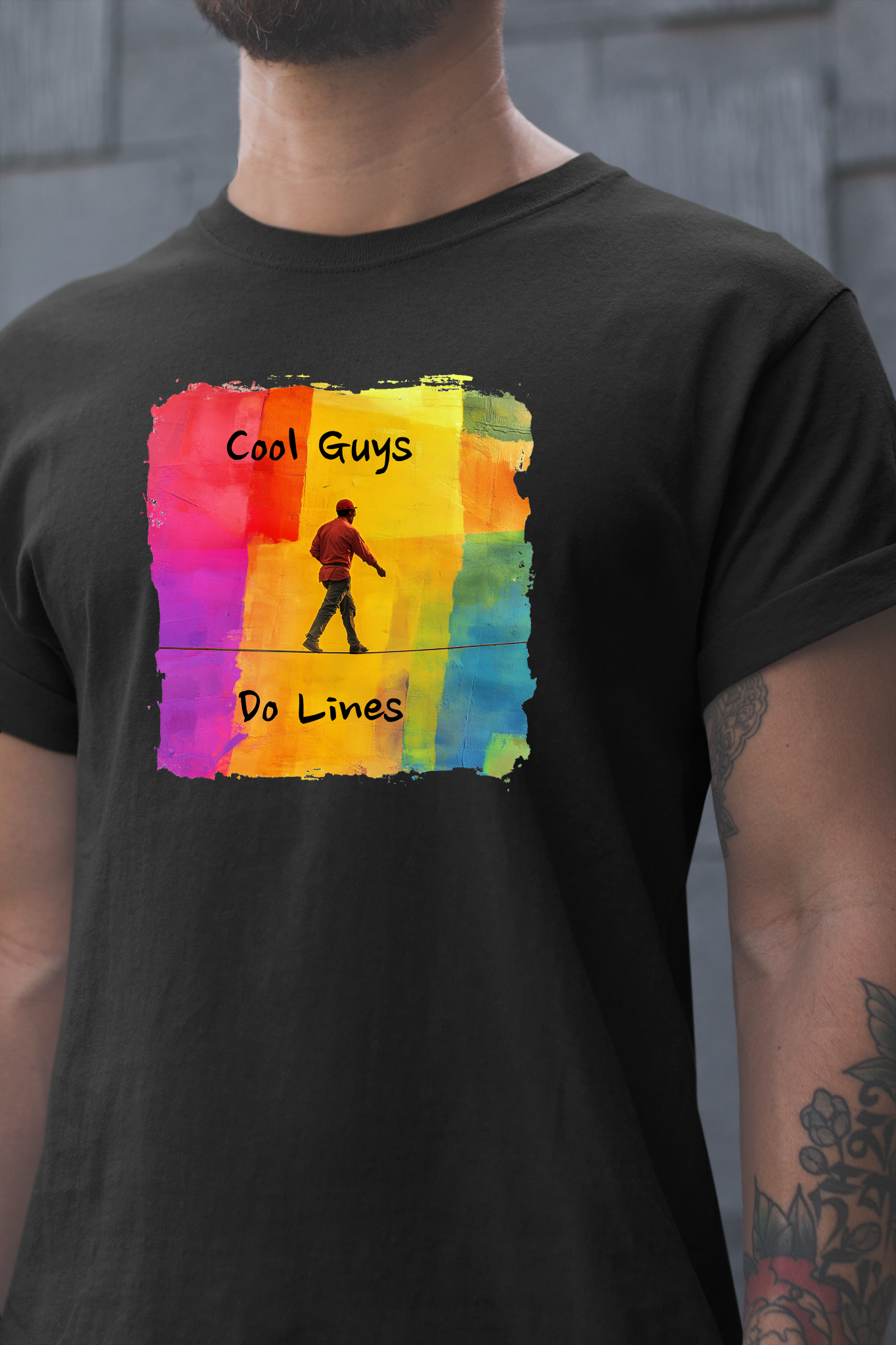 "Yeah, I Do Lines" Funny Slackline T-shirt | Colorful Abstract Slackline Highline Shirt - Rainbow Cubic Splatter Paint Design