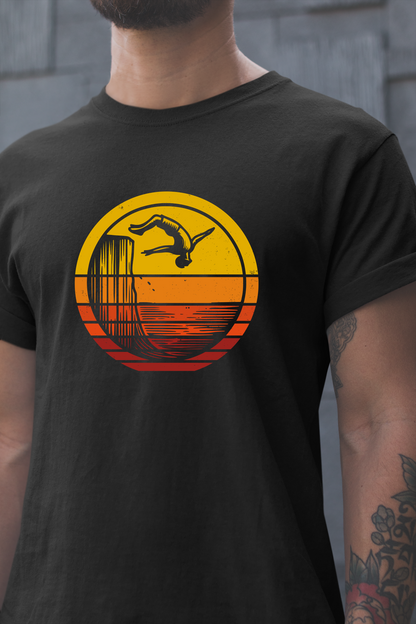 Retro Sunset Cliff Jumping T-Shirt - Outdoorsy Distressed Vintage Sunset Silhouette Adventure Shirt