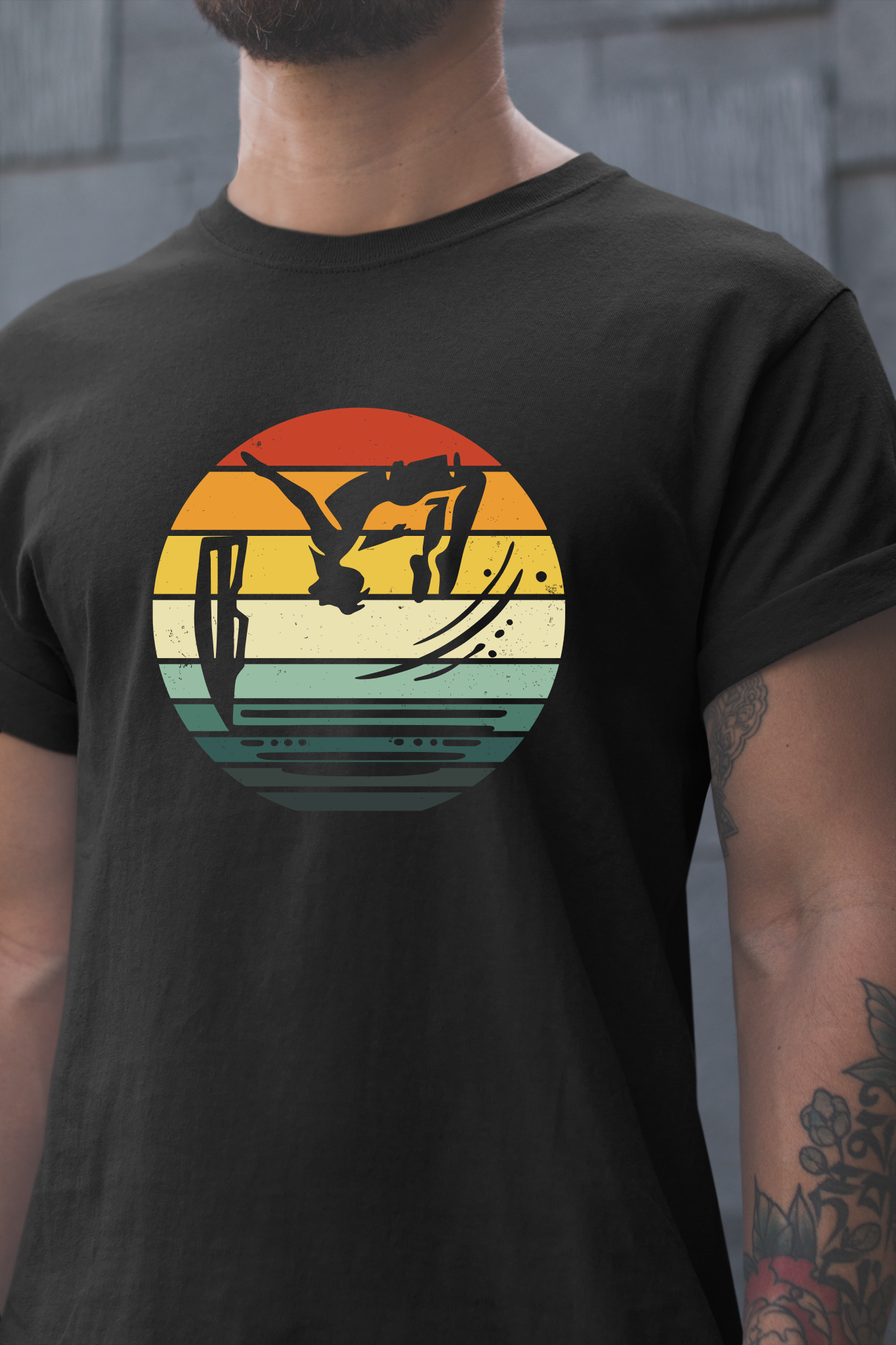 Retro Sunset Cliff Jumping T-Shirt - Outdoorsy Distressed Vintage Sunset Silhouette Adventure Shirt