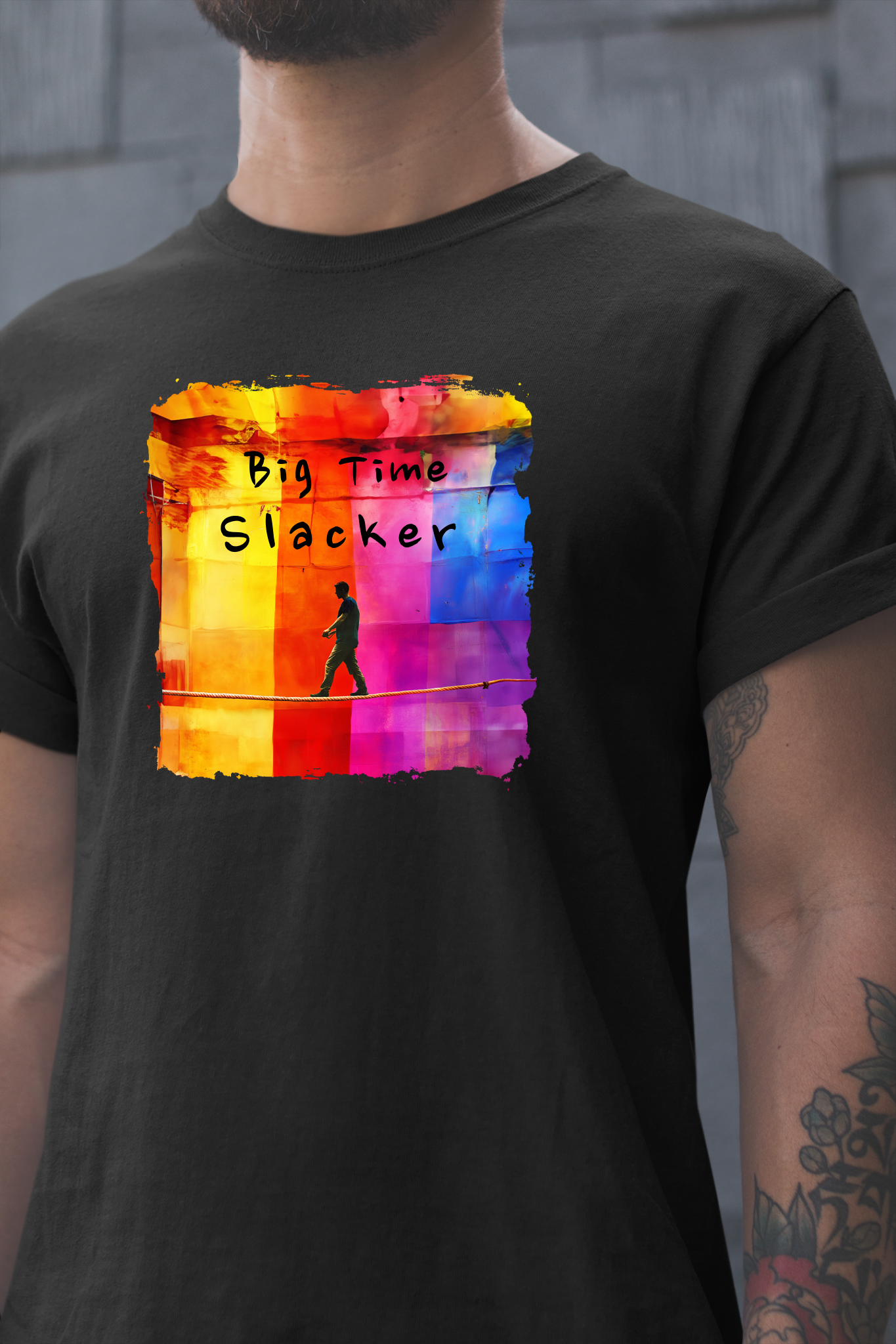 "Big Time Slacker" Colorful Abstract Slackline T-shirt | Slackline Highline Shirt - Rainbow Cubic Splatter Paint Design