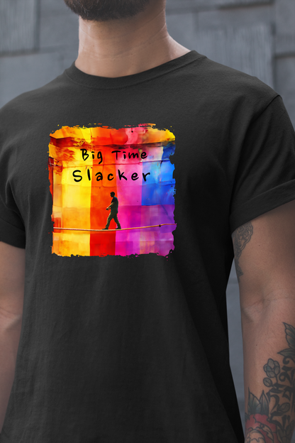 "Big Time Slacker" Colorful Abstract Slackline T-shirt | Slackline Highline Shirt - Rainbow Cubic Splatter Paint Design