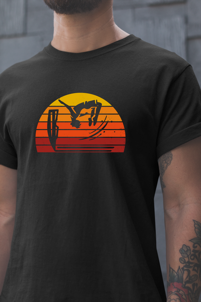 Retro Sunset Cliff Jumping T-Shirt - Outdoorsy Distressed Vintage Sunset Silhouette Adventure Shirt