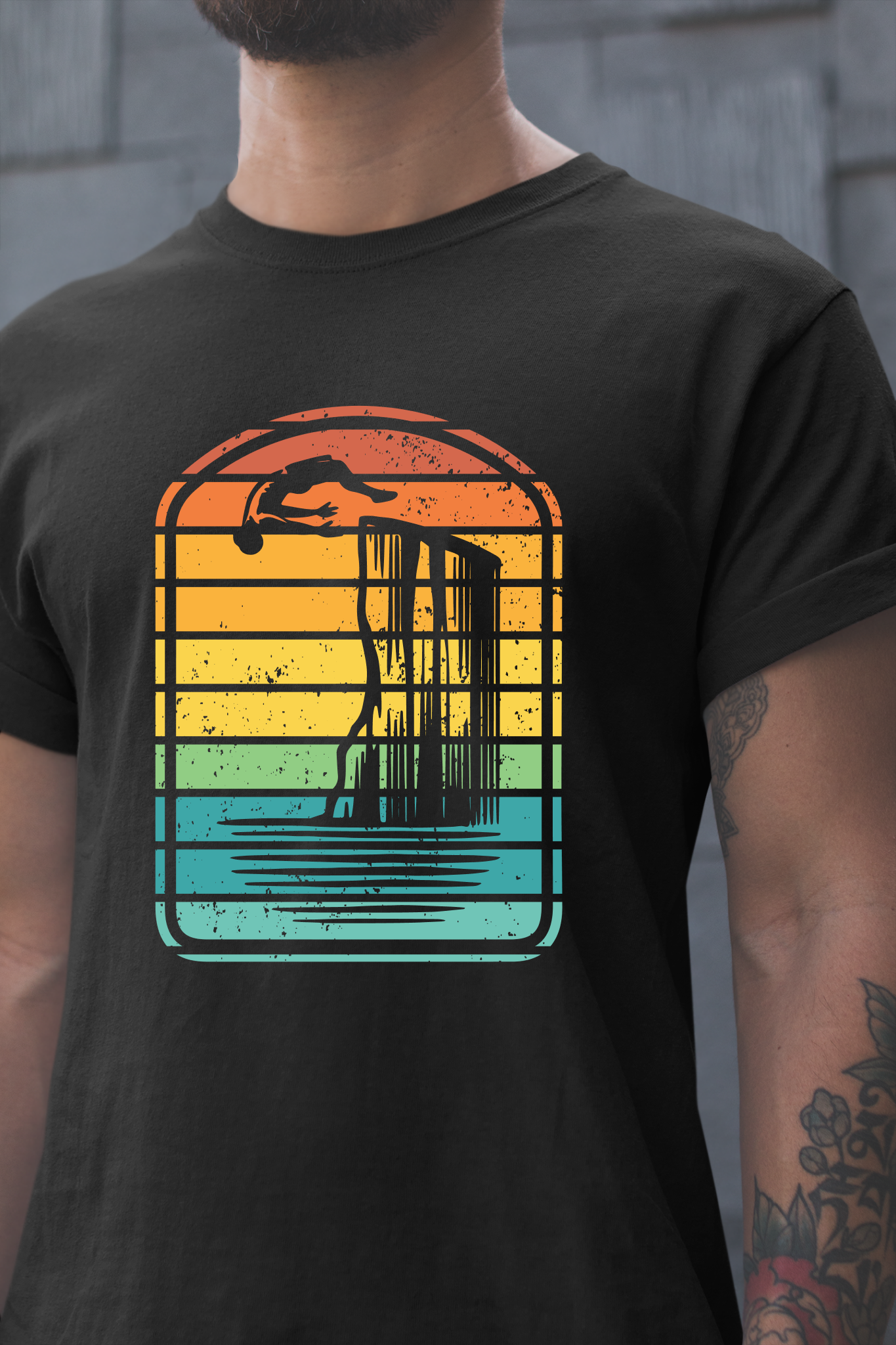 Retro Rainbow Cliff Jumping Silhouette T-Shirt - Outdoorsy Vintage Adventure Shirt