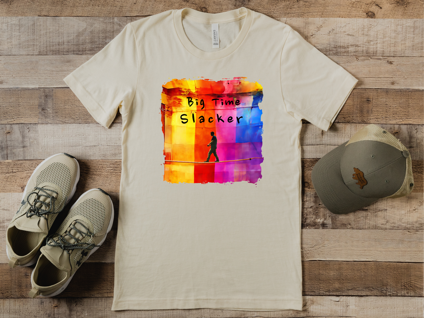 "Big Time Slacker" Colorful Abstract Slackline T-shirt | Slackline Highline Shirt - Rainbow Cubic Splatter Paint Design