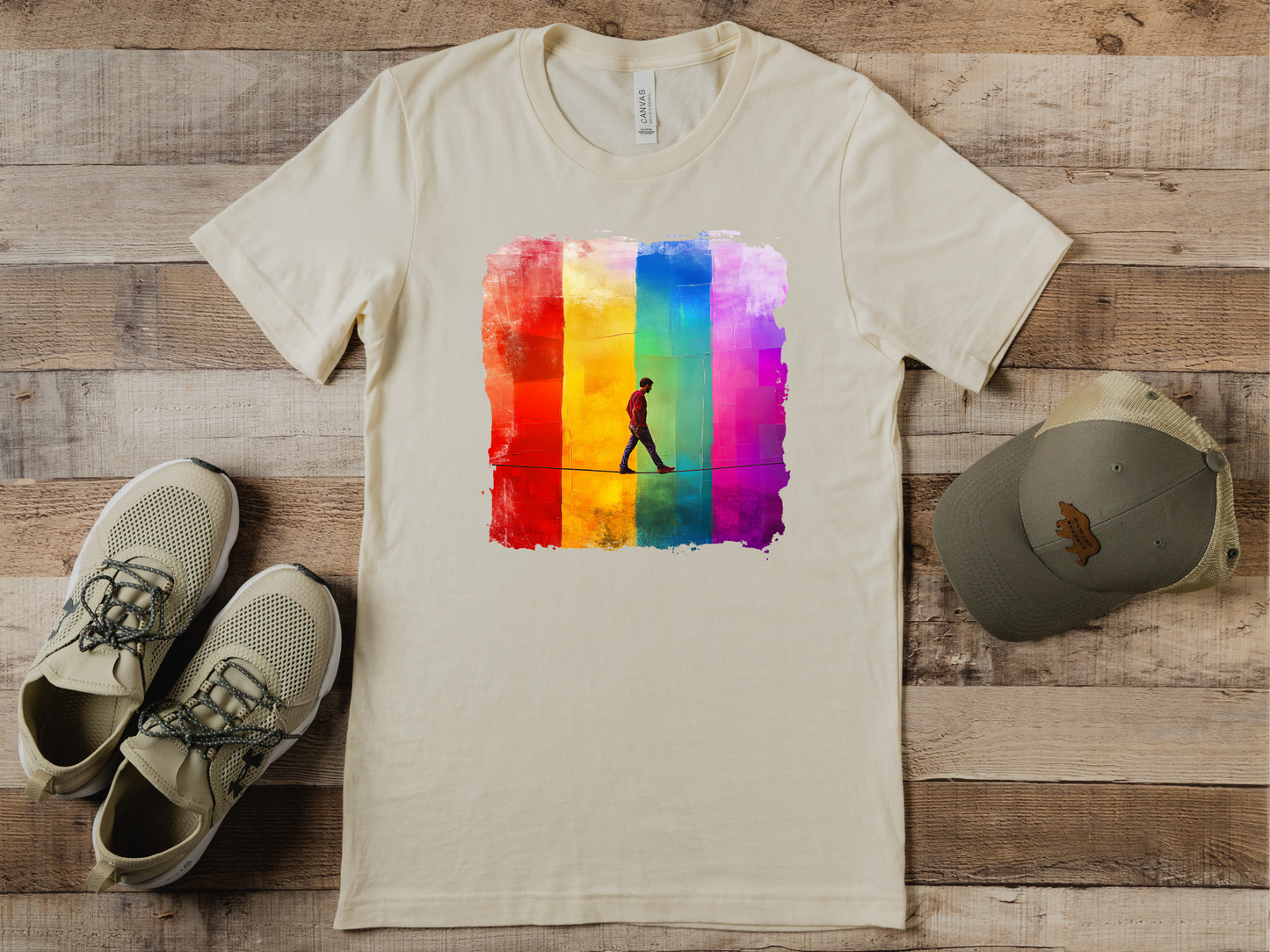 Colorful Abstract Slackline T-shirt | Slackline Highline Shirt - Rainbow Cubic Splatter Paint Design