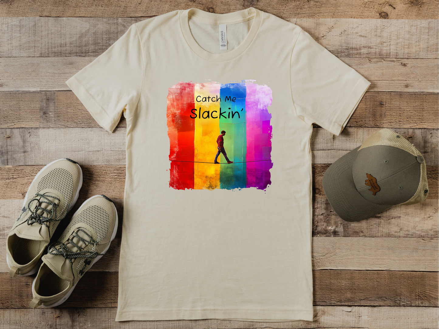 "Catch Me Slackin" Colorful Abstract Slackline T-shirt | Slackline Highline Shirt - Rainbow Cubic Splatter Paint Design