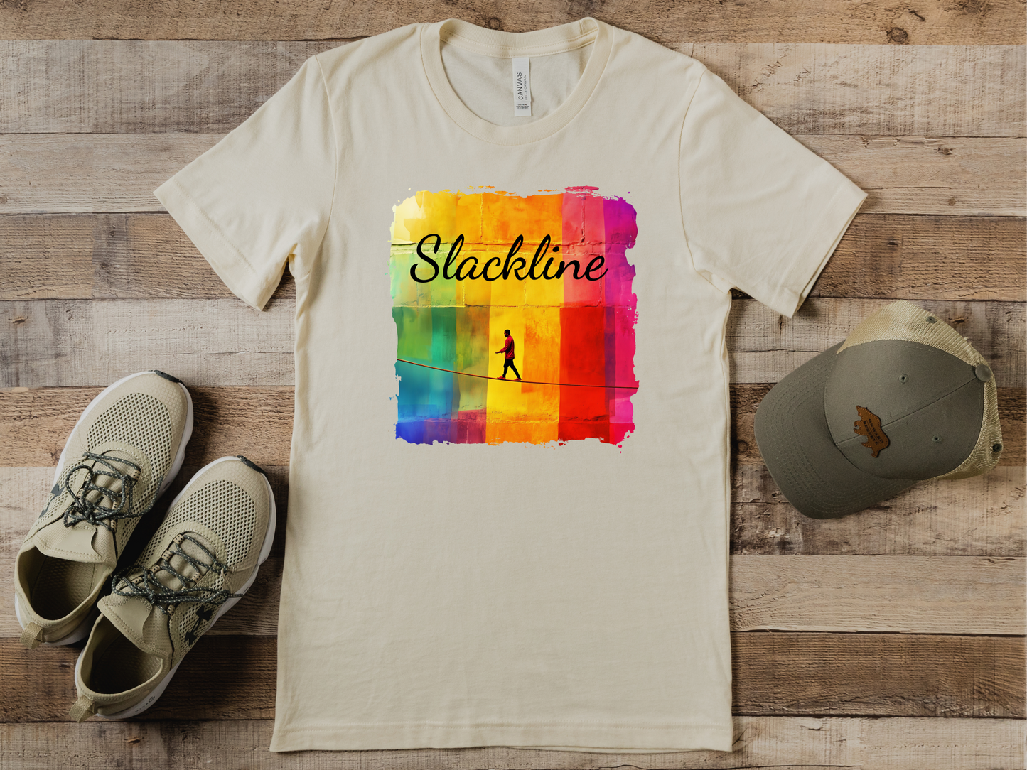 "Slackline" Colorful Abstract Slackline T-shirt | Slackline Shirt - Rainbow Cubic Splatter Paint Design