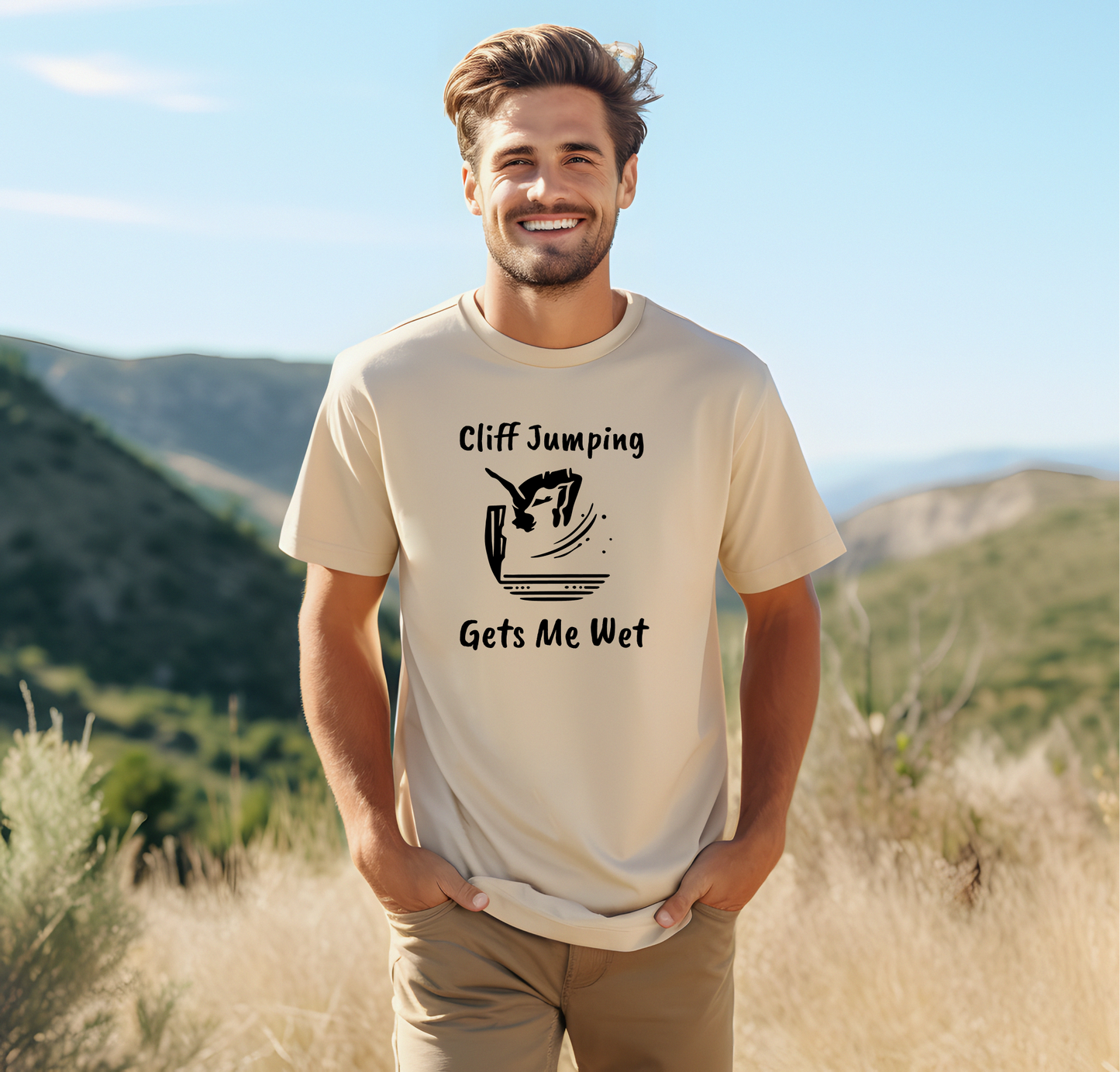 "Cliff Jumping Gets Me Wet" Shirt | Funny Cliff Jumping T-Shirt for Outdoorsy Adventurers - Hilarious!