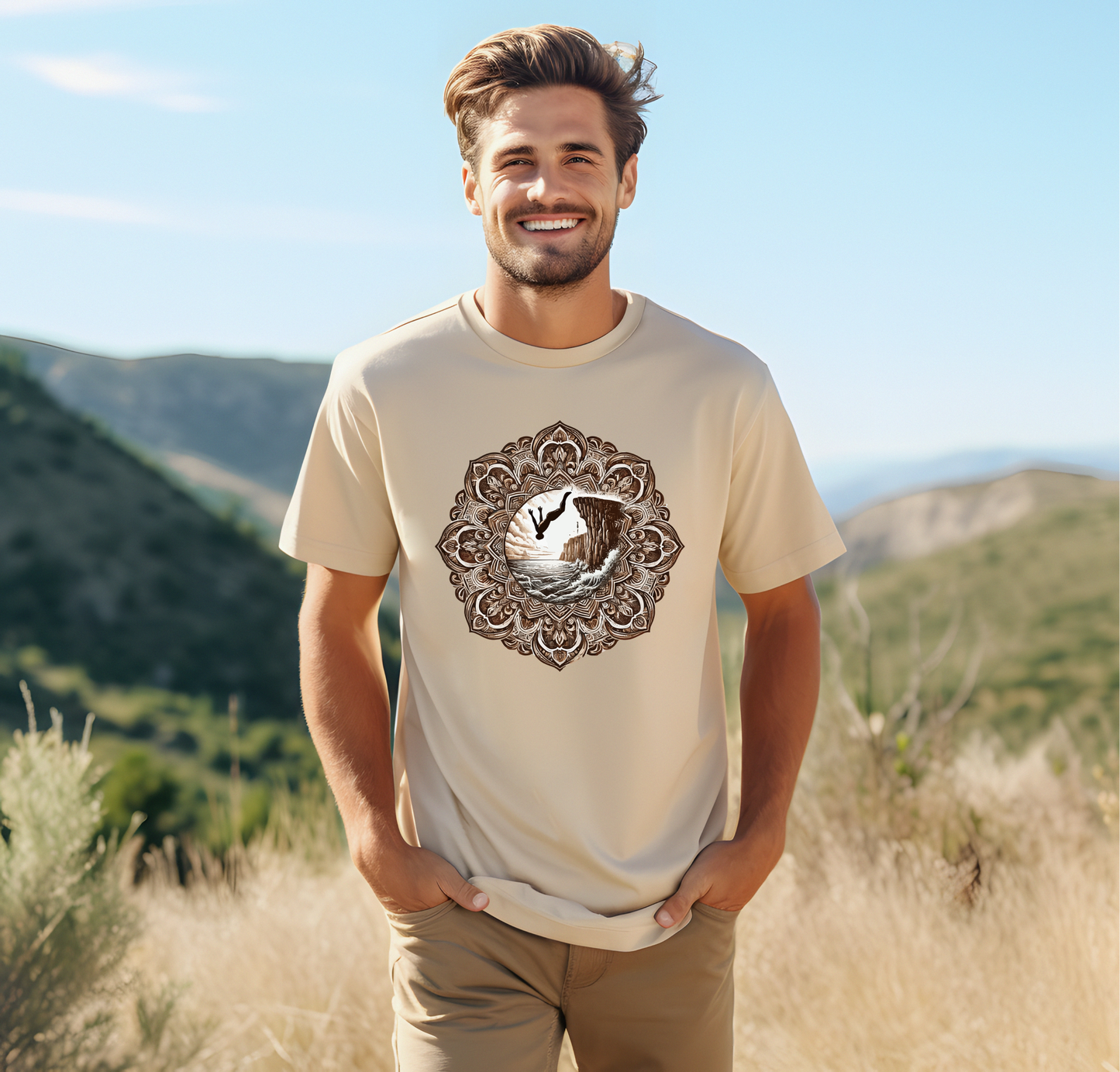 Mandala Style Cliff Jumping T-shirt for Outdoor Enthusiast and Adventure Lovers