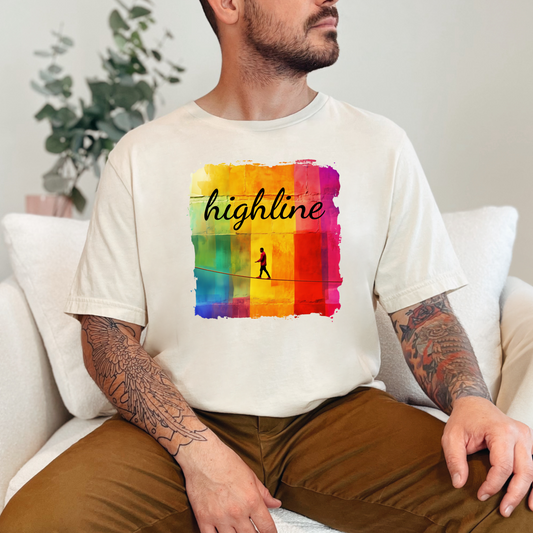 "Highline" Colorful Abstract Highline T-shirt | Highline Shirt - Rainbow Cubic Splatter Paint Design