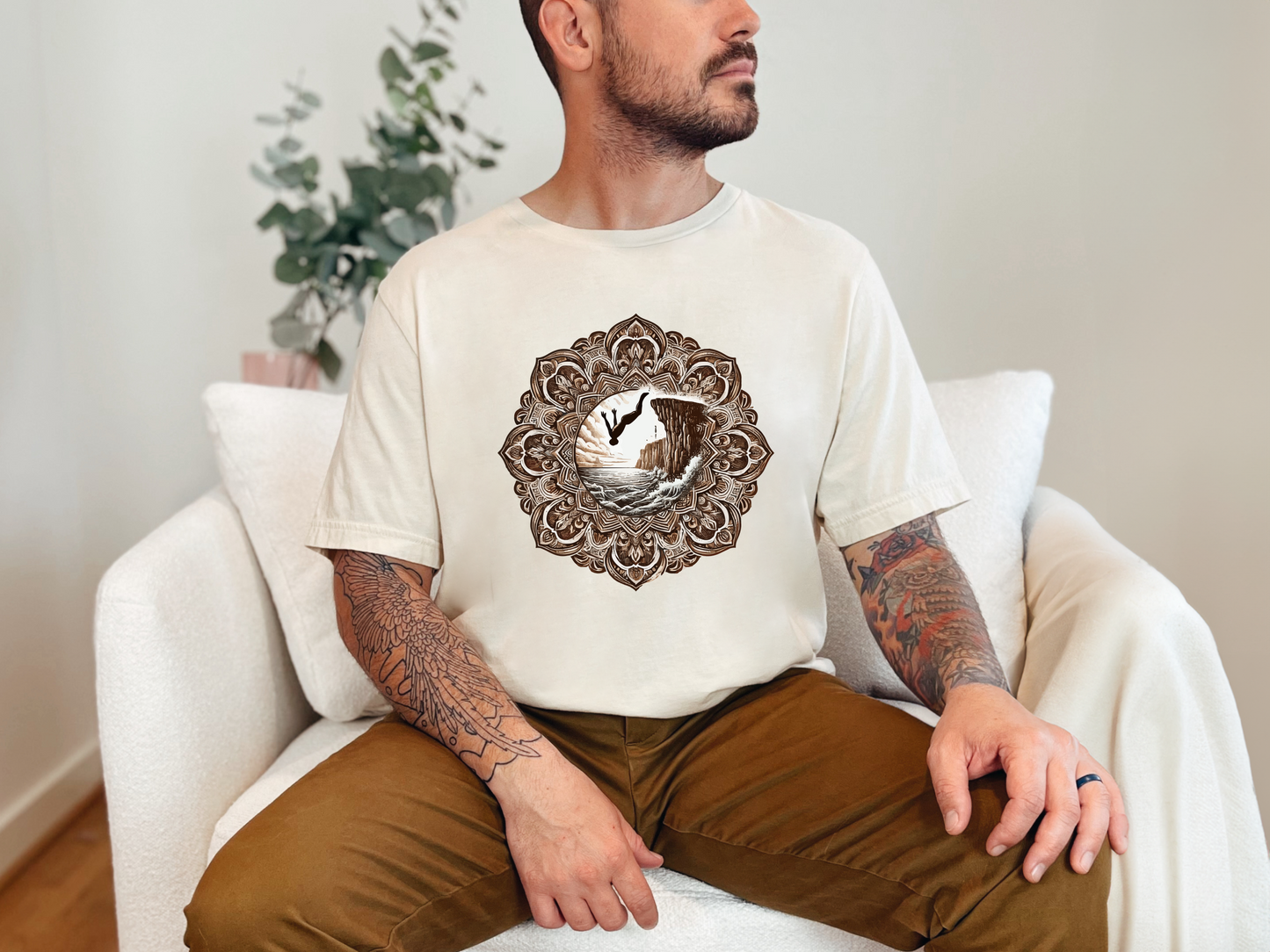 Mandala Style Cliff Jumping T-shirt for Outdoor Enthusiast and Adventure Lovers