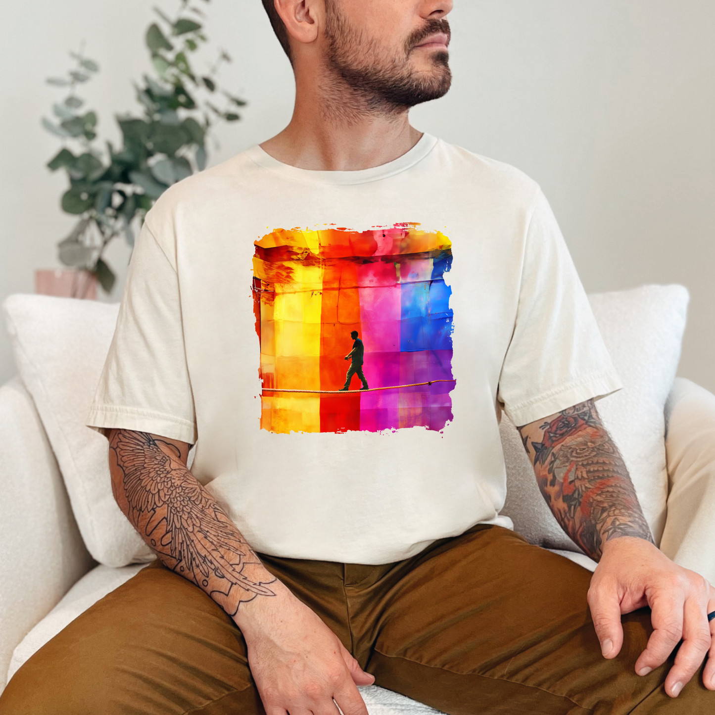 Colorful Abstract Slackline T-shirt | Slackline Highline Shirt - Rainbow Cubic Splatter Paint Design