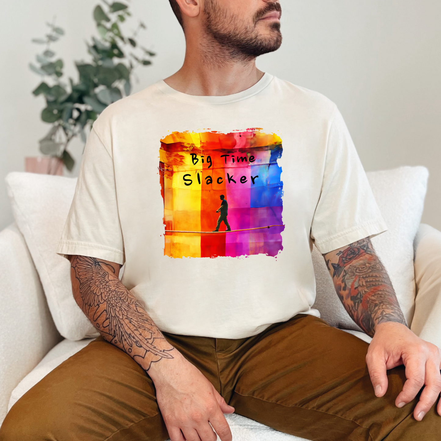 "Big Time Slacker" Colorful Abstract Slackline T-shirt | Slackline Highline Shirt - Rainbow Cubic Splatter Paint Design