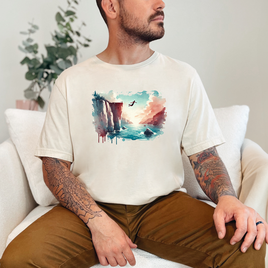 Watercolor Cliff Jumping T-Shirt with Dreamy Adventure Design