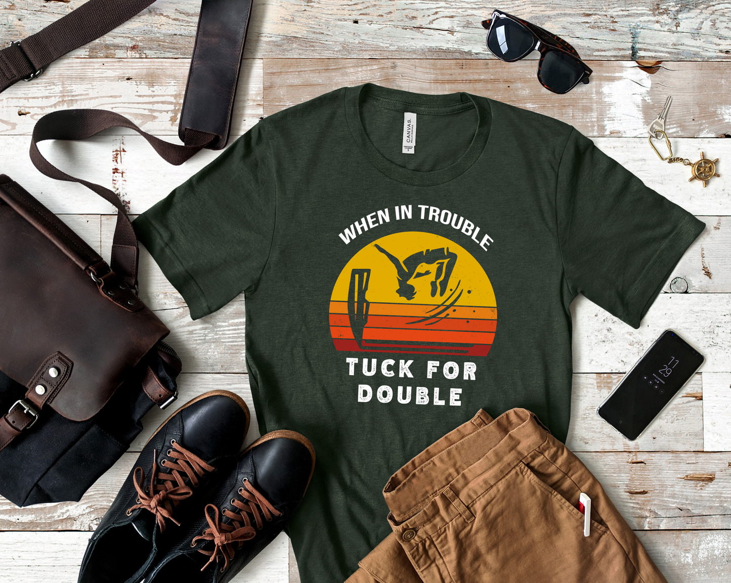 "When In Trouble, Tuck for Double" - Funny Cliff Jumping T-Shirt | Retro Adventure Design