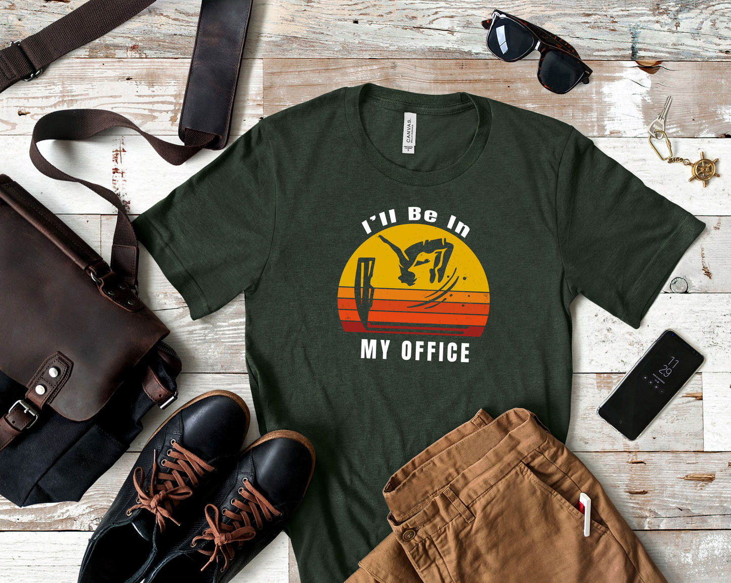 Vintage Retro Sunset Cliff Jumping T-Shirt "Ill Be In My Office" Funny Shirt for Outdoor Enthusiast