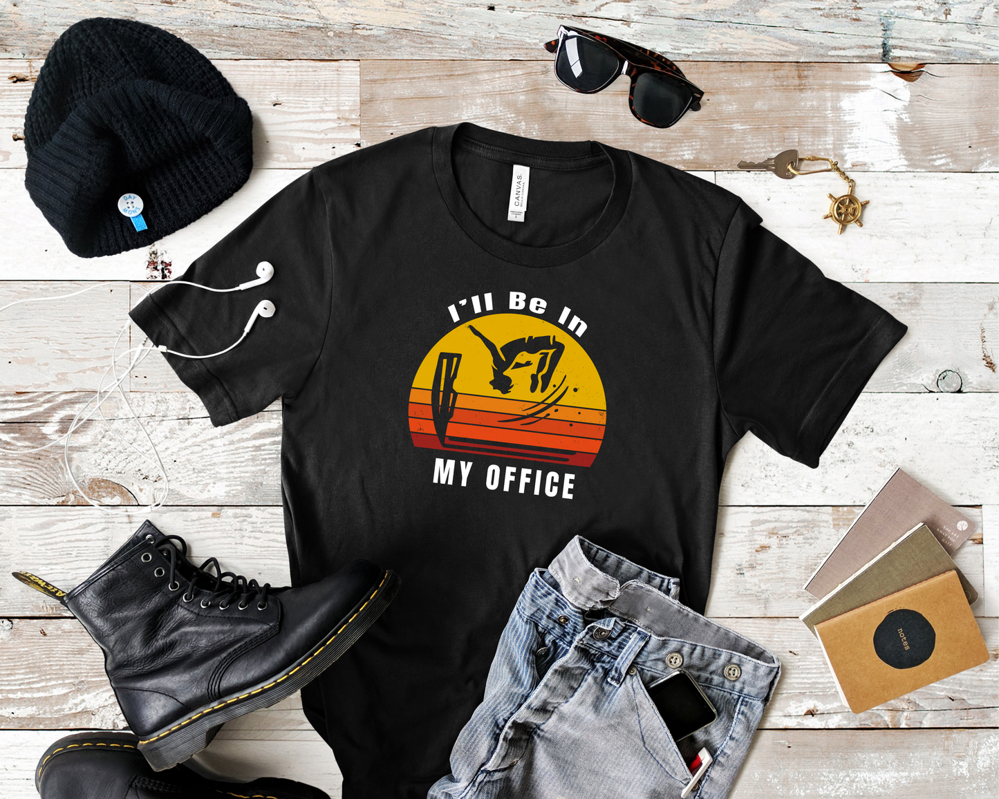 Vintage Retro Sunset Cliff Jumping T-Shirt "Ill Be In My Office" Funny Shirt for Outdoor Enthusiast