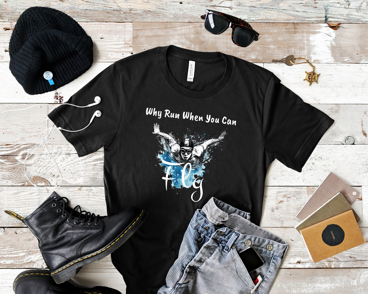 "Why Run When You Can Fly" Butterfly Swim Shirt for Swimmers | Butterfly Stroke T-Shirt Grunge Distressed Swim Tee