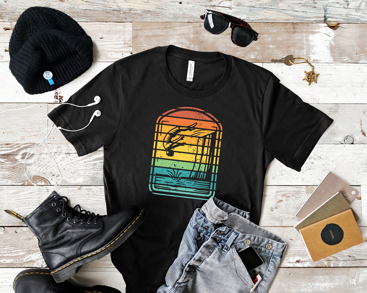 Retro Rainbow Cliff Jumping Silhouette T-Shirt - Outdoorsy Vintage Adventure Shirt