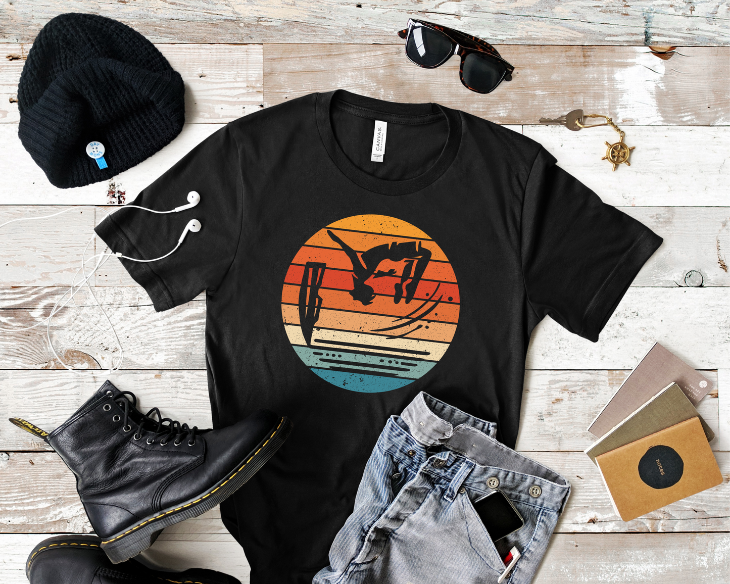 Retro Sunset Cliff Jumping T-Shirt - Outdoorsy Distressed Vintage Sunset Silhouette Adventure Shirt