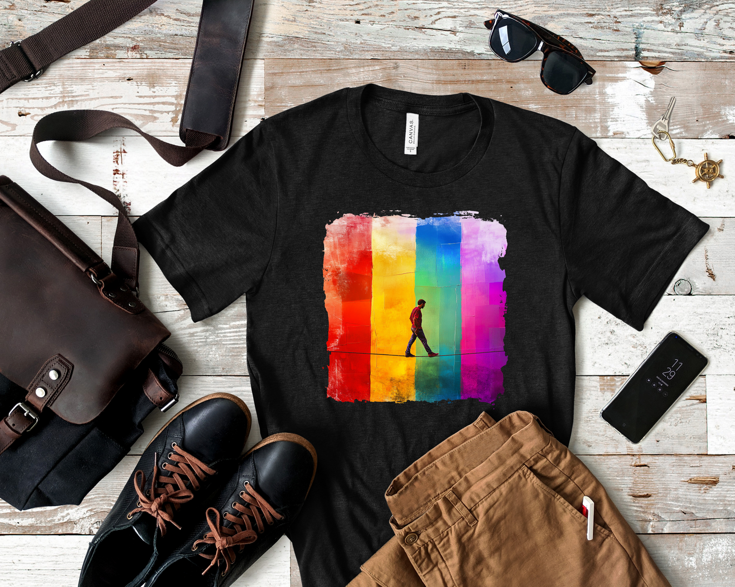 Colorful Abstract Slackline T-shirt | Slackline Highline Shirt - Rainbow Cubic Splatter Paint Design