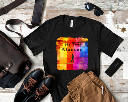 "Big Time Slacker" Colorful Abstract Slackline T-shirt | Slackline Highline Shirt - Rainbow Cubic Splatter Paint Design