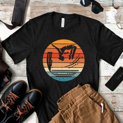 Retro Sunset Cliff Jumping T-Shirt - Outdoorsy Distressed Vintage Sunset Silhouette Adventure Shirt