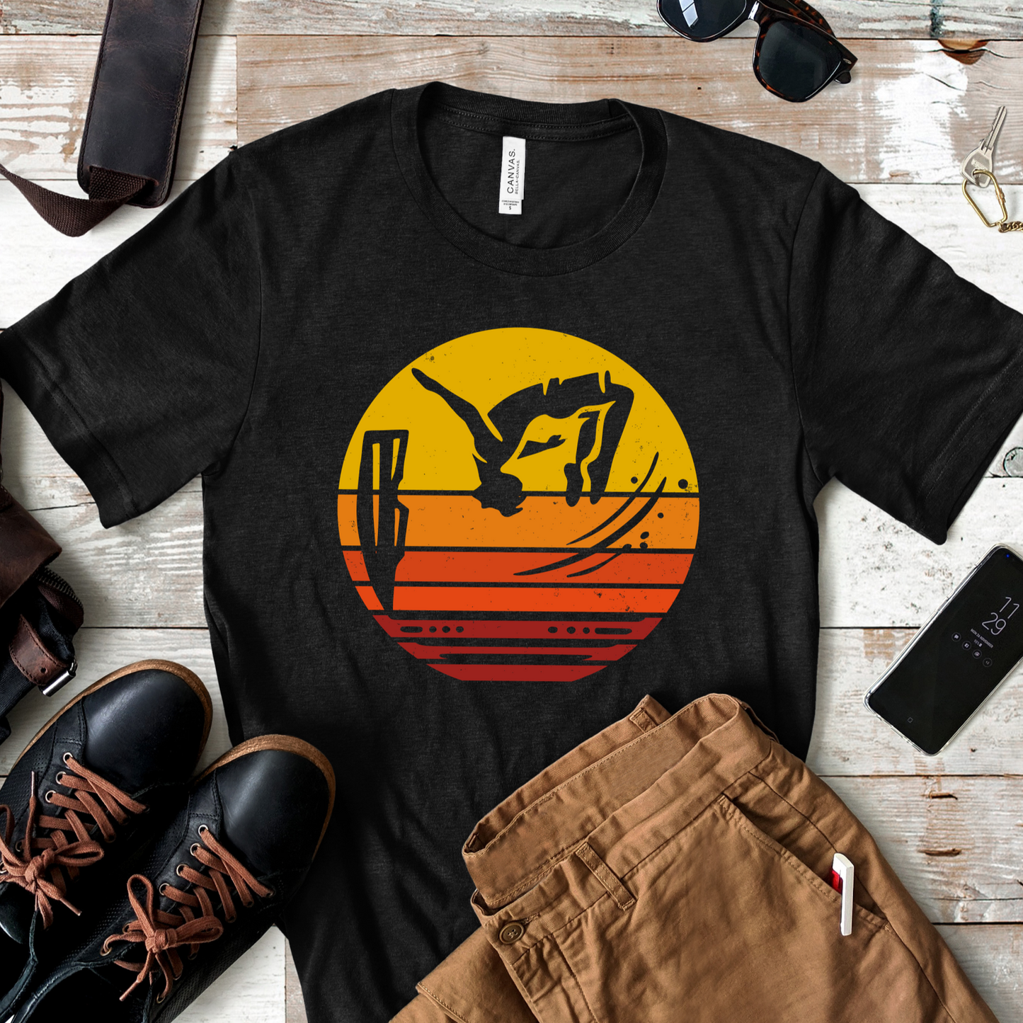 Retro Sunset Cliff Jumping T-Shirt - Outdoorsy Distressed Vintage Sunset Silhouette Adventure Shirt