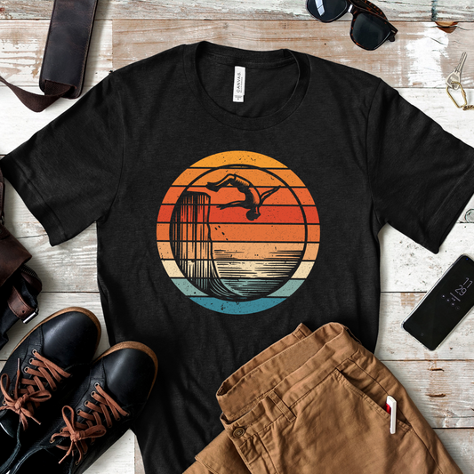 Retro Sunset Cliff Jumping T-Shirt - Outdoorsy Distressed Vintage Sunset Silhouette Adventure Shirt