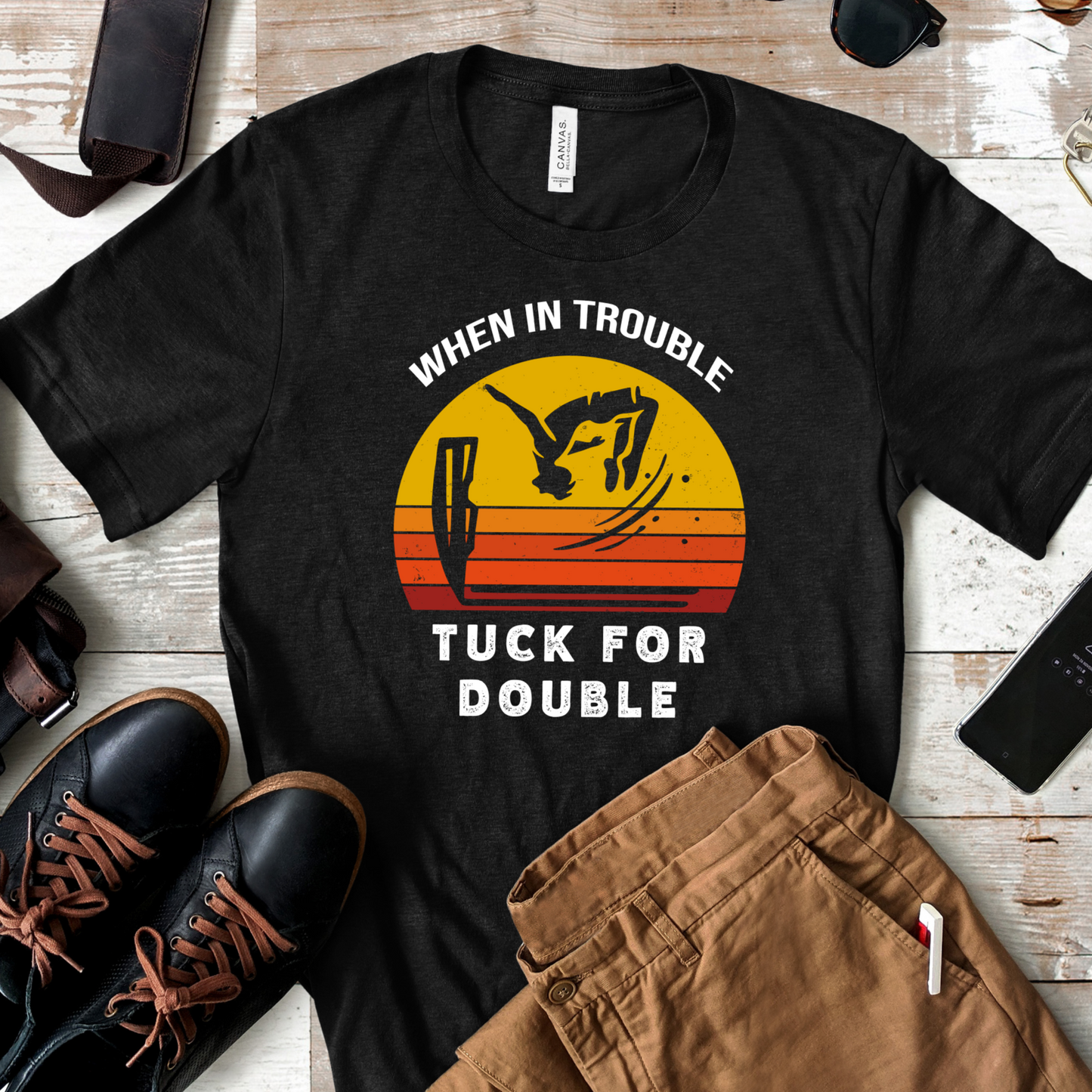 "When In Trouble, Tuck for Double" - Funny Cliff Jumping T-Shirt | Retro Adventure Design