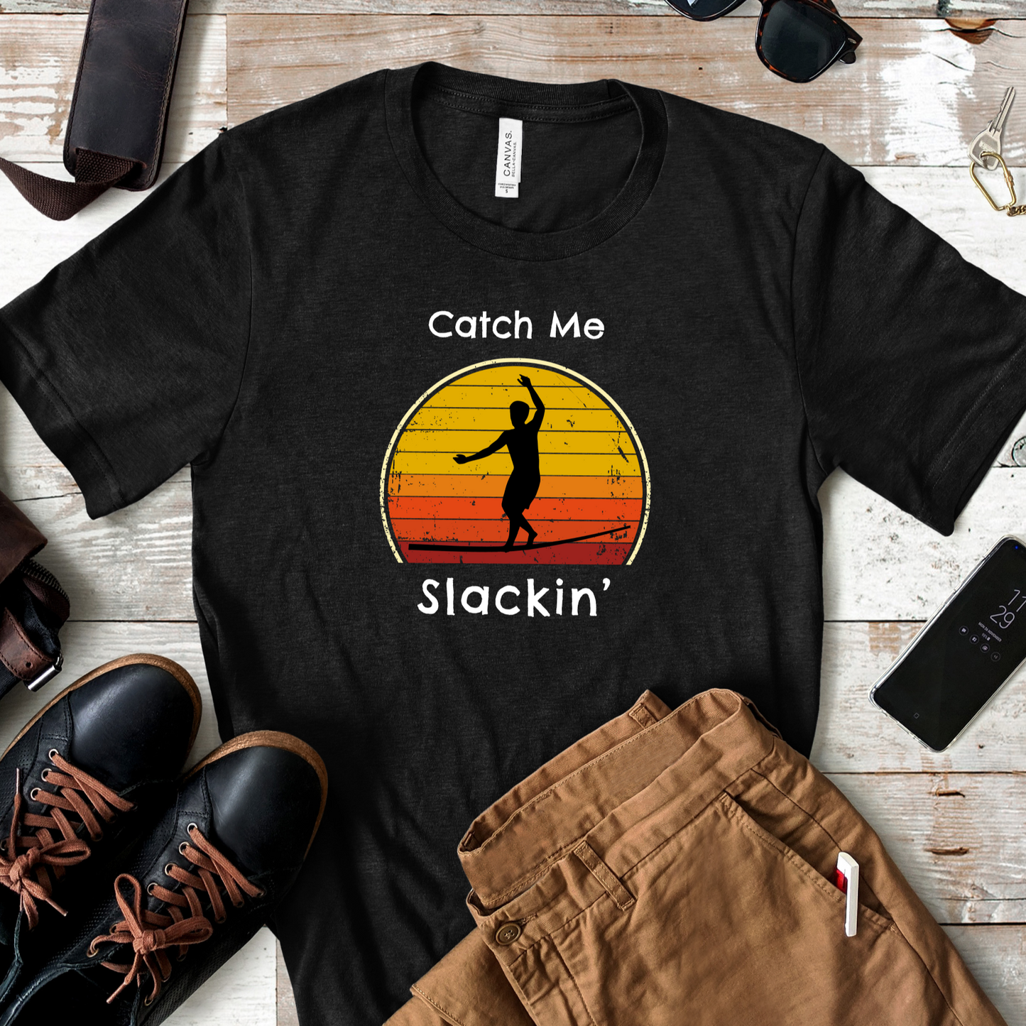 "Catch Me Slackin" Slackline/Highlight T-Shirt | Vintage Inspired, Retro Sunset Slackline/Highline Shirt