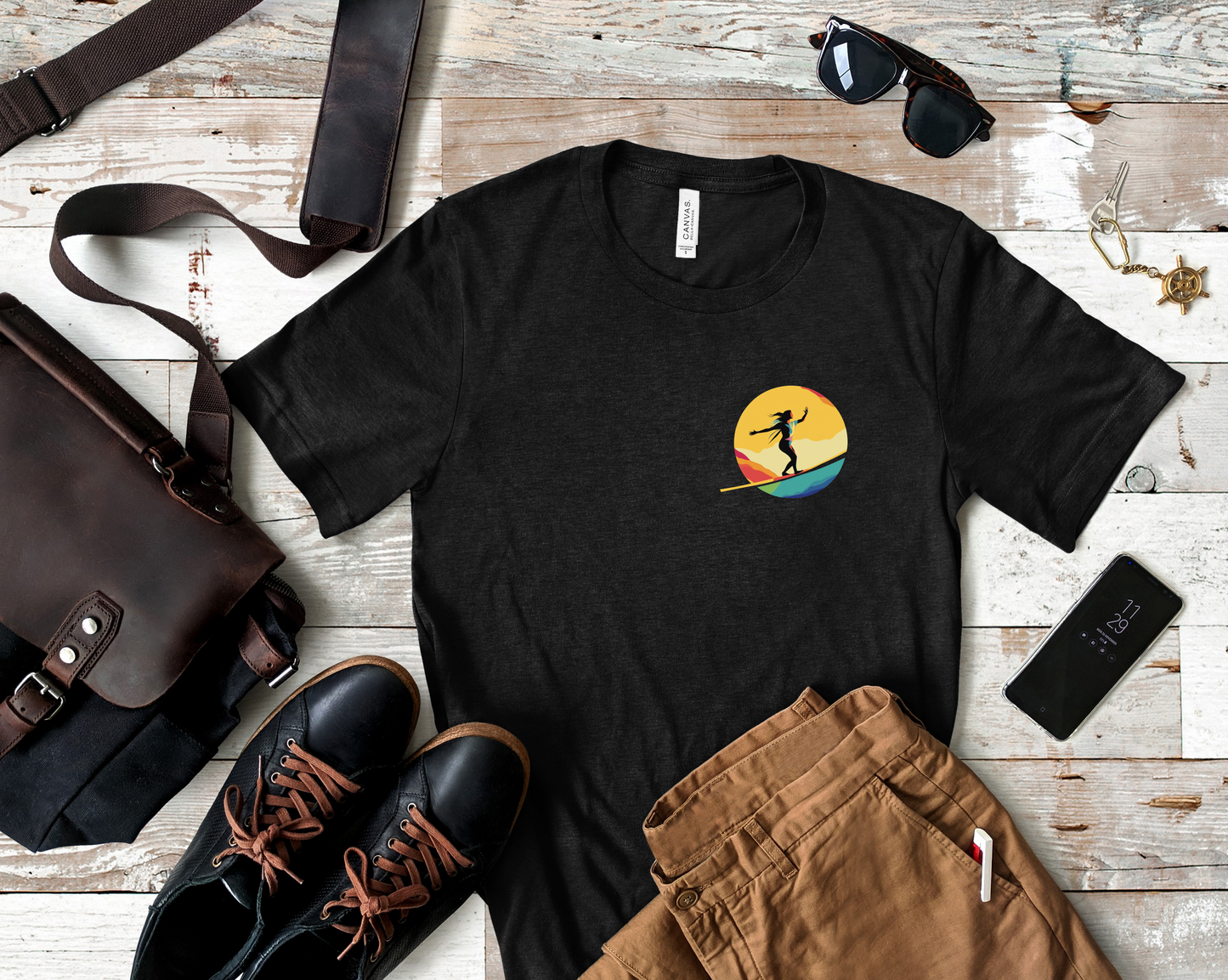 Slackline Shirt with Colorful Rainbow Moon Design Silhouette - Slackline/Highline Chest Icon Shirt