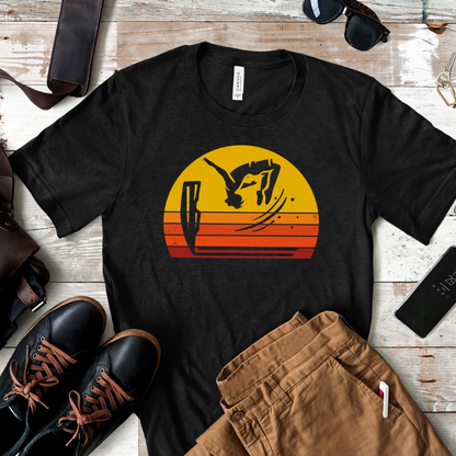 Retro Sunset Cliff Jumping T-Shirt - Outdoorsy Distressed Vintage Sunset Silhouette Adventure Shirt