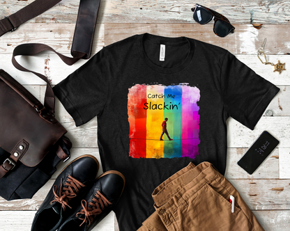 "Catch Me Slackin" Colorful Abstract Slackline T-shirt | Slackline Highline Shirt - Rainbow Cubic Splatter Paint Design