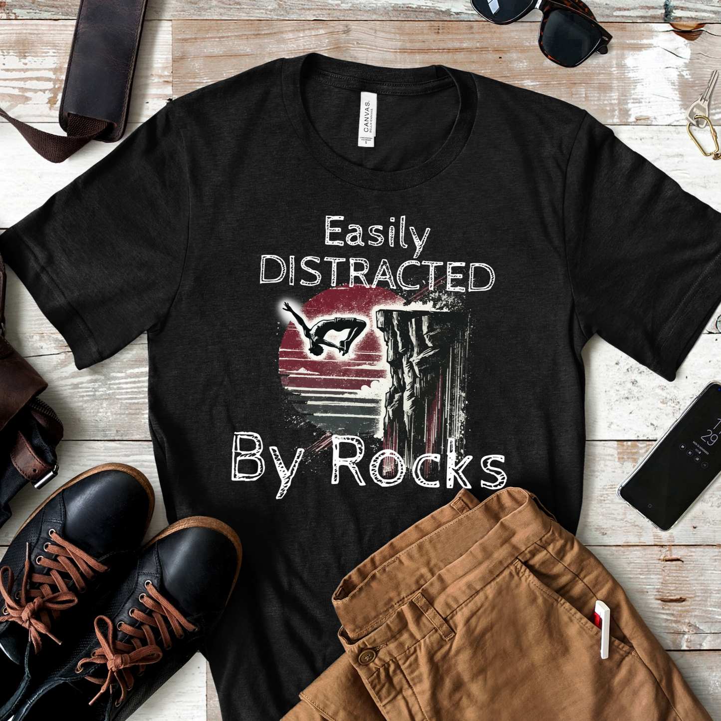 "Easily Distracted by Rocks" Cliff Jumping T-shirt | Distressed Grunge Style, Funny Shirt for Outdoor Enthusiasts