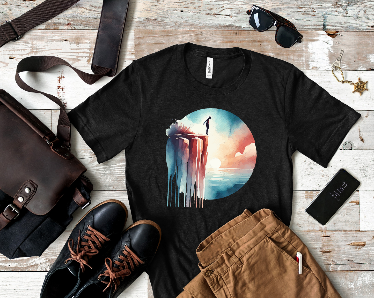 Watercolor Cliff Jumping T-Shirt with Dreamy Adventure Design