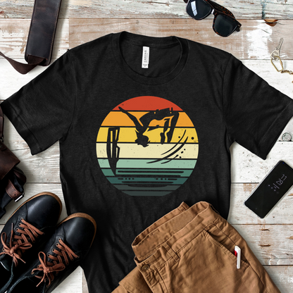 Retro Sunset Cliff Jumping T-Shirt - Outdoorsy Distressed Vintage Sunset Silhouette Adventure Shirt