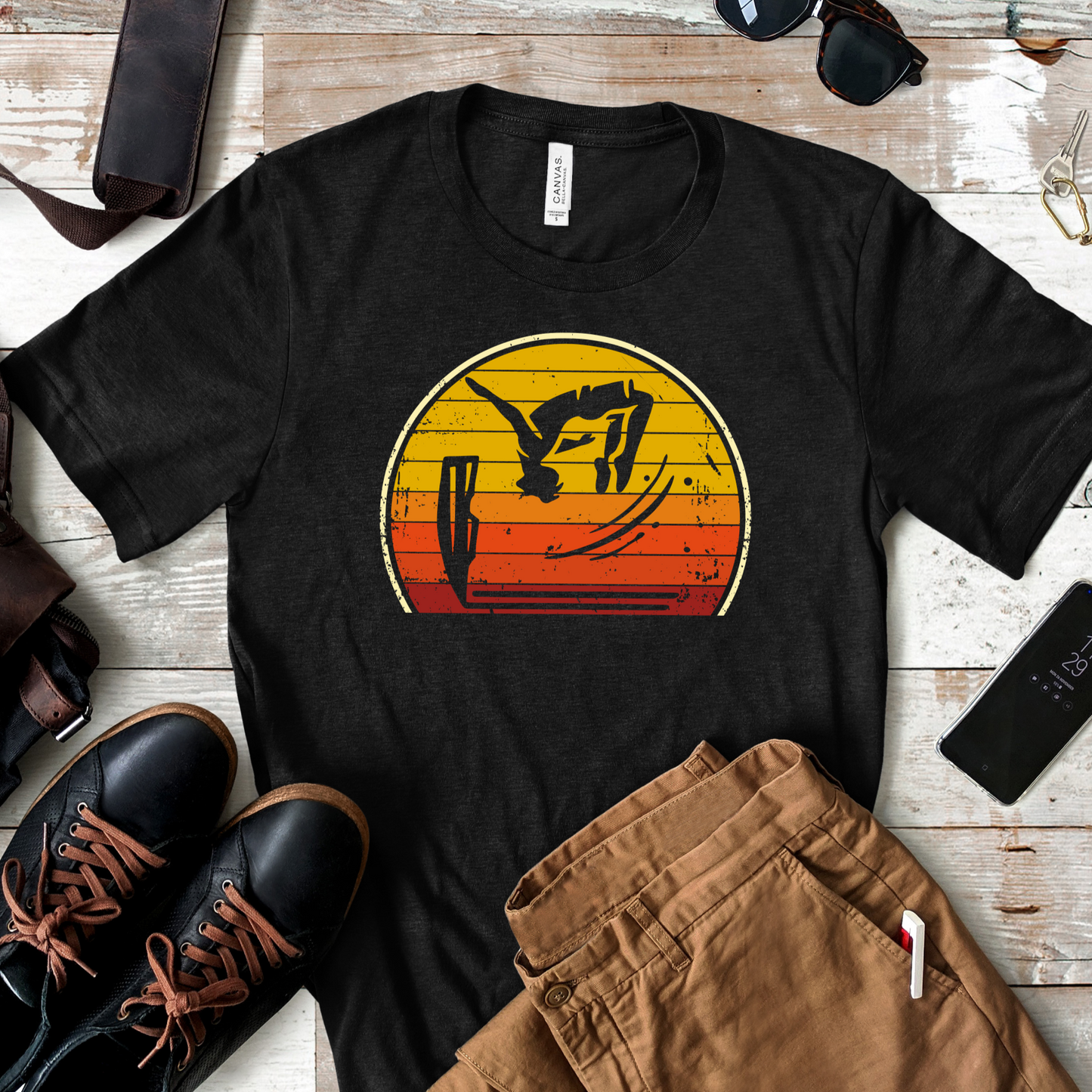 Retro Sunset Cliff Jumping T-Shirt - Outdoorsy Distressed Vintage Sunset Silhouette Adventure Shirt