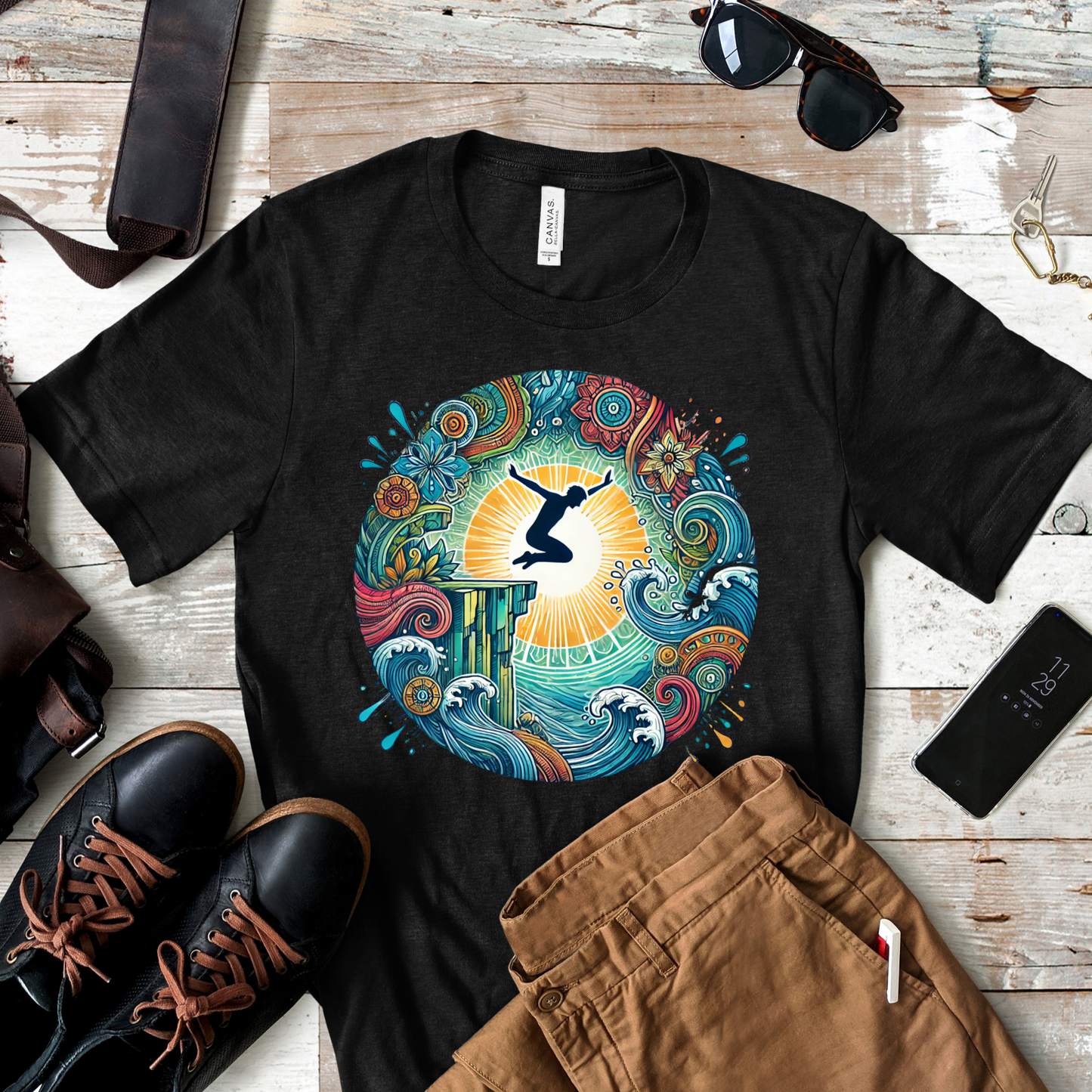 Mandala Style Cliff Jumping T-shirt for Outdoor Enthusiast - Colorful Mandala Art Design