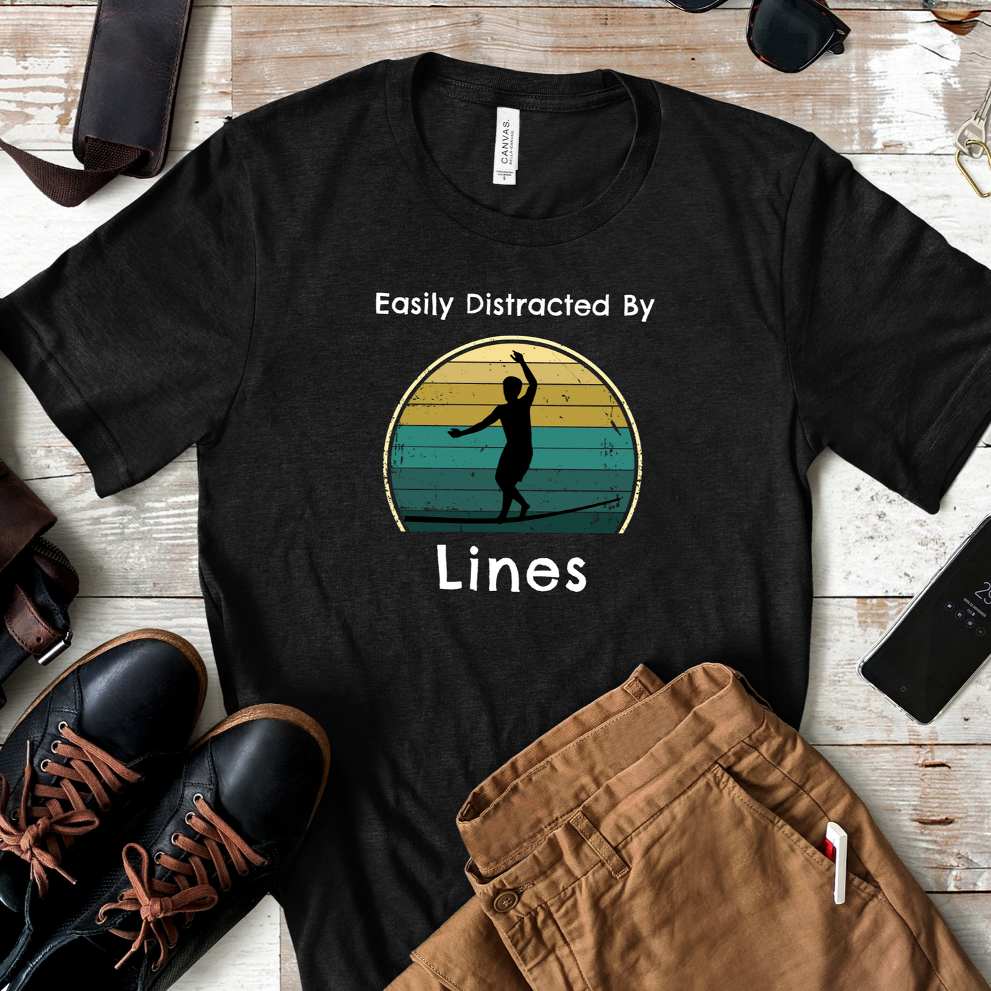 "Easily Distracted By Lines" Funny Slackline/Highlight T-Shirt | Vintage Inspired, Retro Sunset Slackline/Highline Shirt