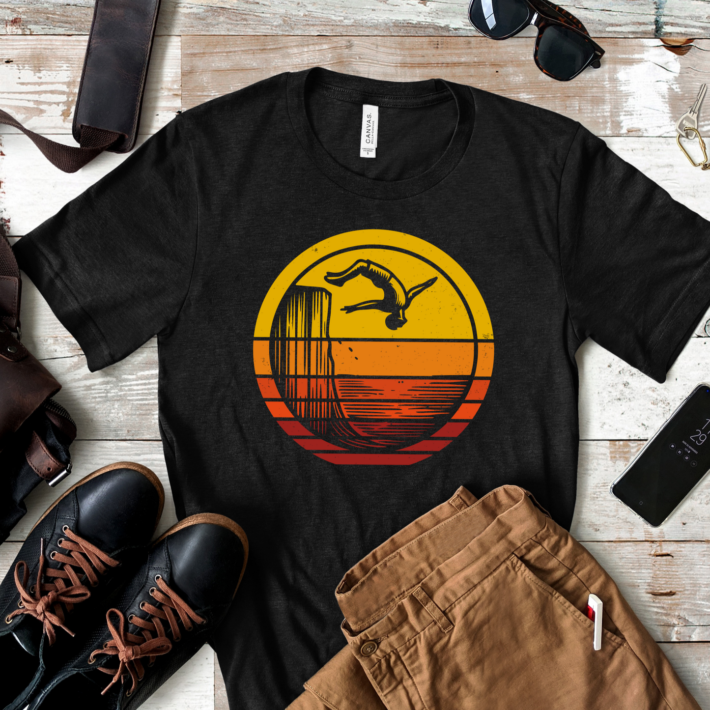 Retro Sunset Cliff Jumping T-Shirt - Outdoorsy Distressed Vintage Sunset Silhouette Adventure Shirt