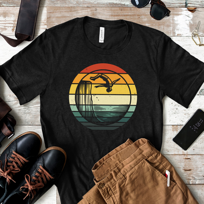 Retro Sunset Cliff Jumping T-Shirt - Outdoorsy Distressed Vintage Sunset Silhouette Adventure Shirt